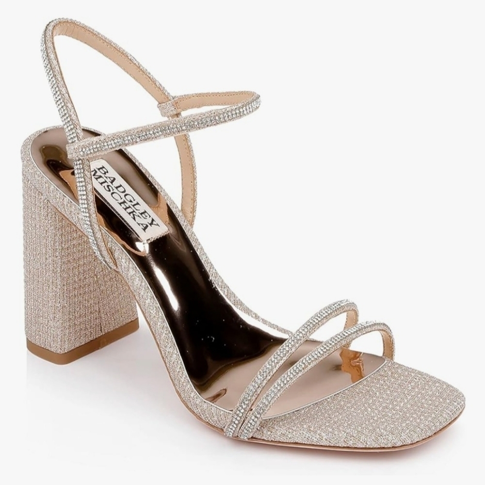 BLADGLY MISCHKA Fiery Pale Gold Bejeweled Block Heel Sandal NIB